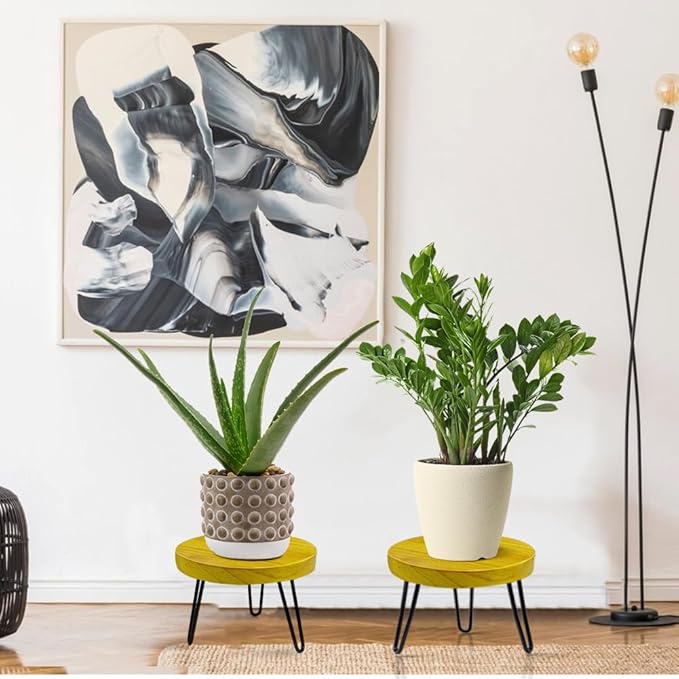 Plant Stand Indoor Outdoor, Wooden plant Stool, Mid Century Plant Stand for Indoor Plants, Wood Modern Plant Holder Rattan Flower, Low Short Boho Rustic Planter Stand Fit 5-15 Inch Pot(M, L)