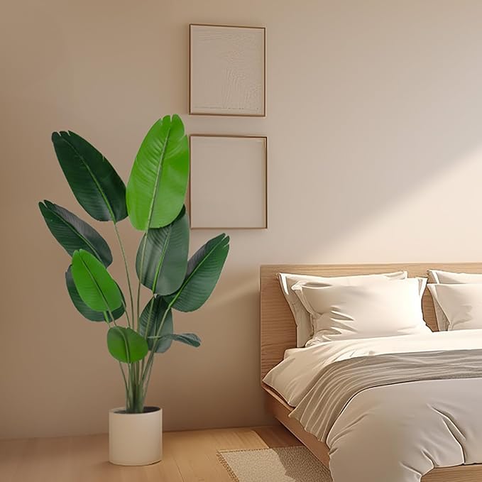 Artificial Bird of Paradise Tree for Home Decor, Fake Plants Areca Palm Tree Fake Silk Banana Leaf Tropical Trees Faux Tropical Palm Potted Dypsis Lutescens for Home Office Decor Housewarming