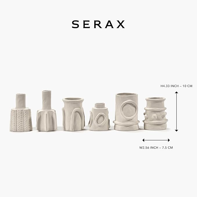 Serax Flower Vase | Marie by Marie Michielssen | Set of 6 | White Stoneware Home Decor Living Room for Coffee Table or Kitchen | Modern Entryway Table Decor or for Shelves | Unique Centerpiece Vases