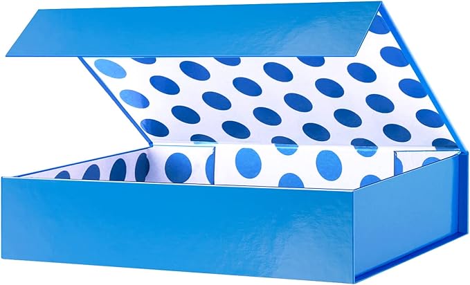 GREEN BEAN Gift Box 11x7.8x2.3 Inches, Blue Gift Box with Lid for Presents, Magnetic Shirt Gift Boxes for Clothes (Glossy Metallic Blue, Polka Dot Design Inside)