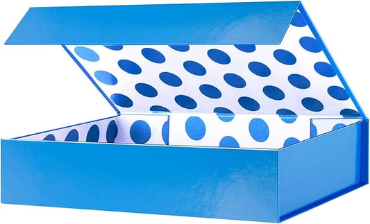 GREEN BEAN Gift Box 11x7.8x2.3 Inches, Blue Gift Box with Lid for Presents, Magnetic Shirt Gift Boxes for Clothes (Glossy Metallic Blue, Polka Dot Design Inside)