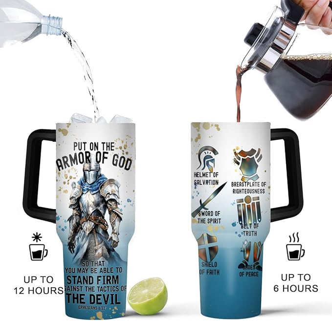 Jesuspirit Christian Gifts for Men, Women - Fathers Day, Pastor Appreciation Religious Gift - Christian Coffee Mug - Armor Of God Stainless Steel Tumbler (Armor Of God Men, 40OZ)