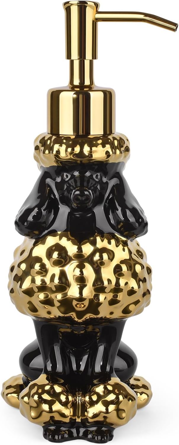 Poodle Shaped Soap/Lotion/Hand Sanitizer Ceramic Dog Lover Stainless Steel Pump Dispenser for Dog Mom Gifts, Refillable for Kitchen and Bathroom (Gold/Back)