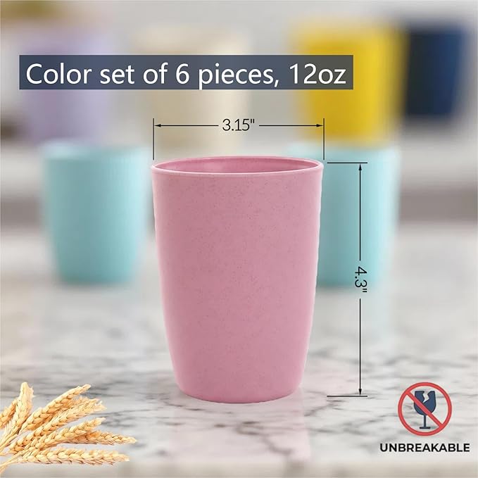 LNTPP 12oz Wheat Straw Cups, 6-Pack - Thickened Reusable & Microwave Safe, Dishwasher Friendly Eco-Cups for Home & Kitchen