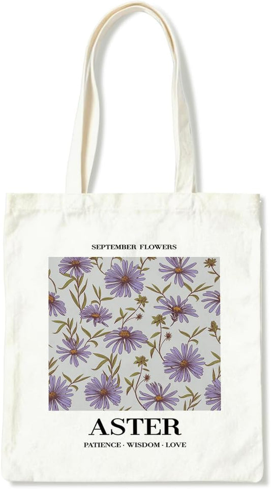 Flower Canvas Tote Bag, September Aster Reusable Shoulder Bags, Christmas Gifts to Sister and Friends, Holiday Gift Bags for Wrap Storage, Casual Canvas Totes for Work Traveling