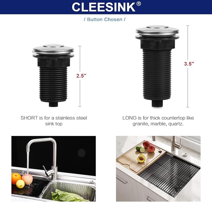 Garbage Disposal Switch, Cordless Air On Off Kit for Food Waste Disposer, Stainless Steel Polished, LONG 3.5" Sink Top Push Button by CLEESINK
