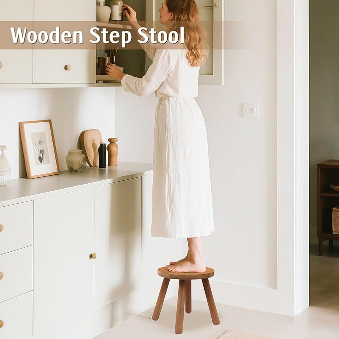 Round Solid Wooden Step Stool,Plant Stool Indoor,11.8” Height, Plant Stand for Kitchen, Bedroom, Bathroom, Livingroom (Walnut, 11.8inch)