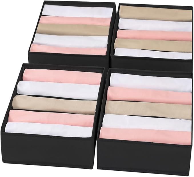 4 Packs T-shirt Drawer Organizers for Clothing,5 Grids Compartment Wardrobe Storage Box, Washable Clothes Organizer for Folded Clothes, T-shirt, Legging, Silk Scarve-Black