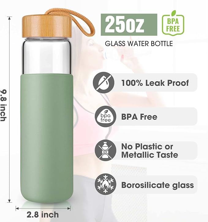25 Oz Borosilicate Glass Water Bottles with Silicone Sleeve BPA Free, Dishwasher Safe - Reusable Clear Glass Drinking with Leak Proof Bamboo Lid | Perfect Gym Water Bottles for Men & Women