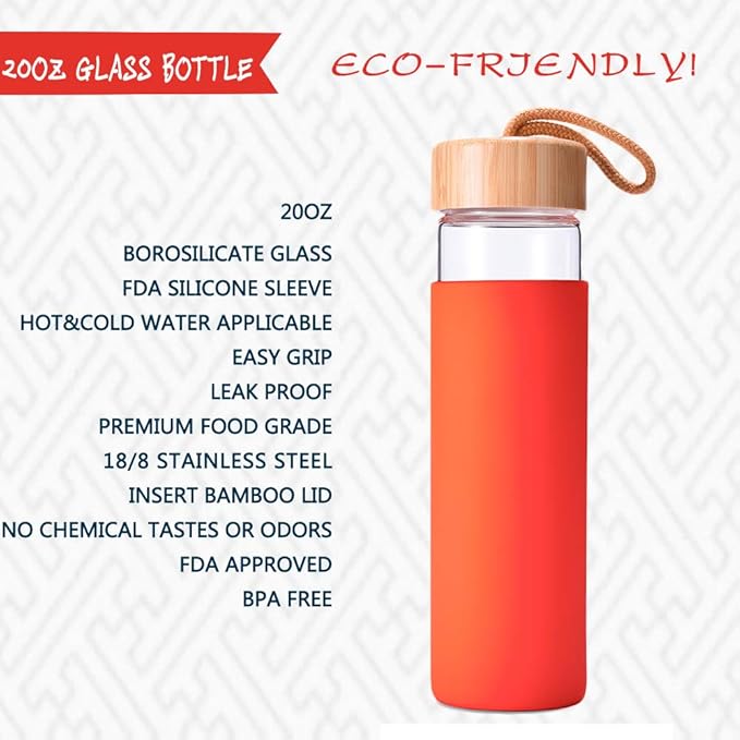 20 Oz Borosilicate Glass Water Bottles with Silicone Sleeve BPA Free, Dishwasher Safe - Reusable Clear Glass Drinking with Leak Proof Bamboo Lid | Perfect Gym Water Bottles for Men & Women