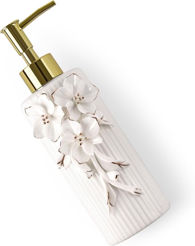 Handmade Ceramic Flower Soap Pump Dispenser Hand Lotion Liquid Dispenser Refillable for Kitchen and Bathroom Decorative (Flower Gold)