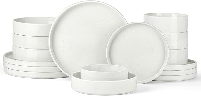 Stoneware Dinnerware Sets for 4 with Pasta Bowl, Onader 16 Piece Plates and Bowls Dish Set, Speckled Kitchen Dishware Dining Ware, Microwave & Dishwasher Safe - Cloud White