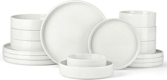 Stoneware Dinnerware Sets for 4 with Pasta Bowl, Onader 16 Piece Plates and Bowls Dish Set, Speckled Kitchen Dishware Dining Ware, Microwave & Dishwasher Safe - Cloud White