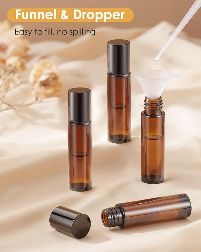 25 Pack Essential Oil Roller Bottles, 10ml Refillable Amber Glass Roller Bottles with Stainless Steel Roller Balls and Caps for Travel, Perfume and Lip Gloss