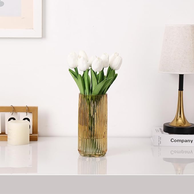 Ribbed Glass Vase, Amber Glass Vase, Flower Vase for Bouquet, Glass Vase for Flowers, Modern Vase, Ribbed Vase for Living Room, Bathroom, Dining Table, Office, Wedding, Centerpieces, 8 Inches