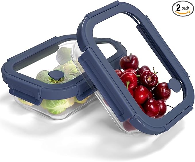 2-Pack Glass Food Storage Containers with Tempered Lids (21.3oz/2.7cup) - Airtight Snap Lock, Microwave & Oven Safe (-4℉~ 950°F), Freezer to Baking Dish, BPA-Free, Gift Box (Blue)