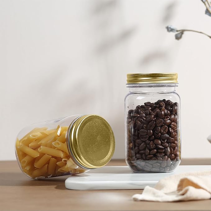 novelinks 16 oz Clear Plastic Jars with Screw-On Lids - BPA-Free Refillable Storage Containers for Slime, Food, Crafts, Kitchen & Household Use (24 Pack,Gold)