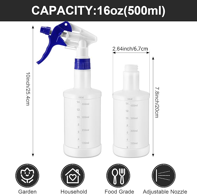 Eccliy 12 Pcs 16 Oz Plastic Spray Bottle, Adjustable Empty Reusable Sprayer for Cleaning, Planting, Water, Bathroom and Kitchen, BBQ, Commercial and Residential(Multicolor,Measurement)