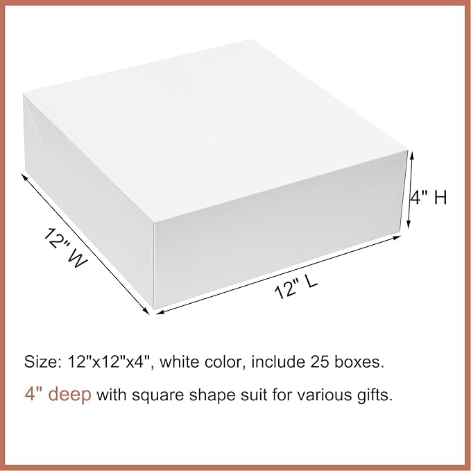 Mefleet 25 Pack 12x12x4 Inches Large Gift Boxes with Lids Bulk Extra Deep Square Shirt Clothes Scarf Box for Christmas Presents, Holidays, Birthday, Wedding Gift Wrapping White