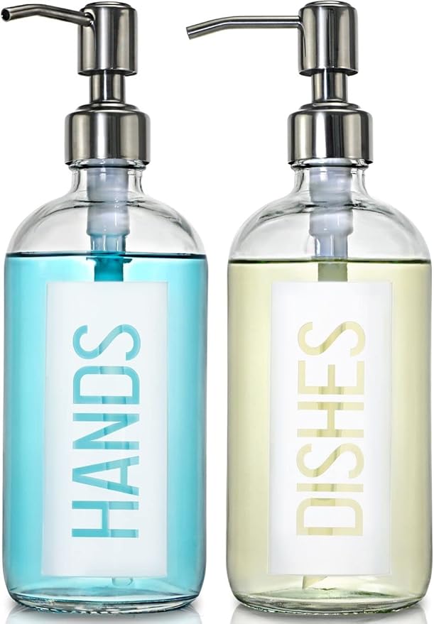 JASAI 2Pack 18OZ Glass Soap Dispenser with Rustproof 304 Stainless Steel Pump, Kitchen Soap Dispenser for Hands & Dishes (White)