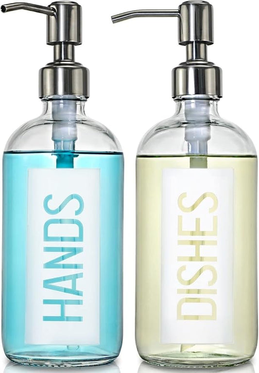 JASAI 2Pack 18OZ Glass Soap Dispenser with Rustproof 304 Stainless Steel Pump, Kitchen Soap Dispenser for Hands & Dishes (White)