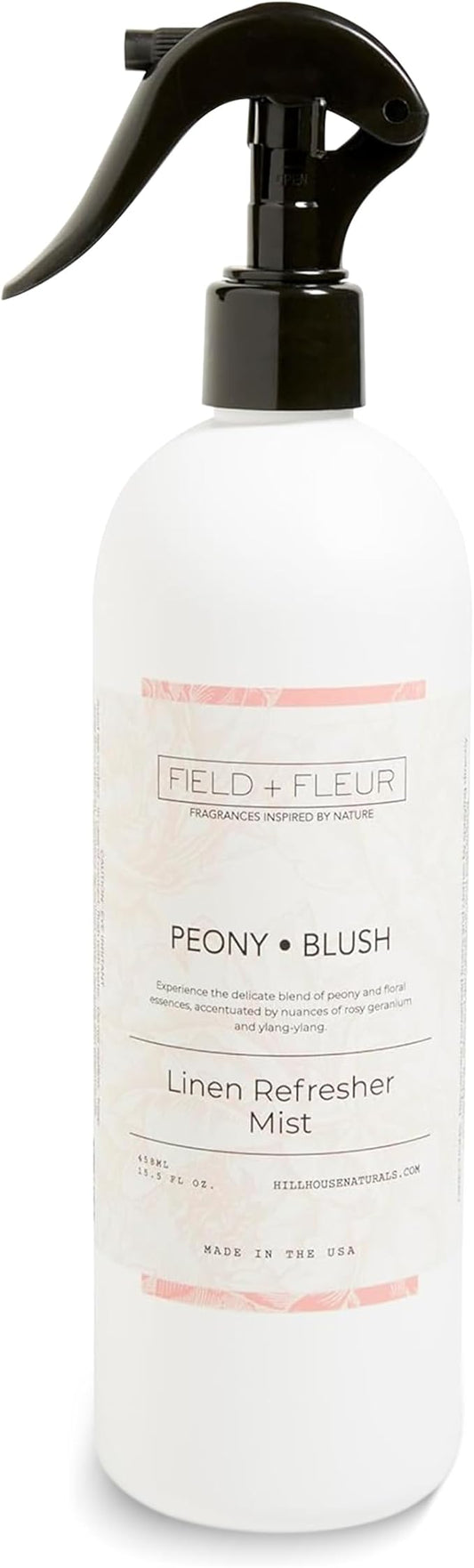 FIELD FLEUR Peony Blush Linen & Room Spray 15.5 oz - Aromatic & Refreshing Bedding & Fabric Mist - Air Freshener for Clothes & Sofas - Notes of Peony, Geranium & Ylang-Ylang - Made in USA