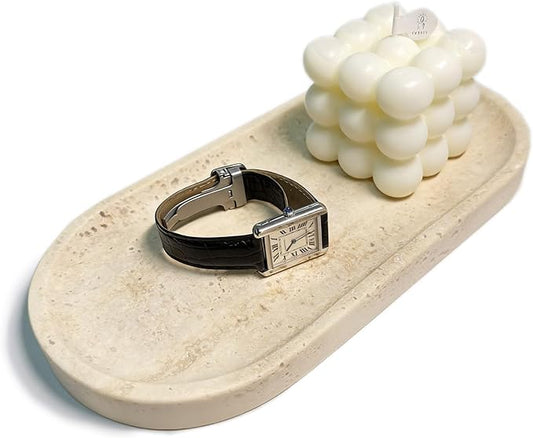 100% Natural Travertine Stone Tray for Perfume, Jewelry, Candle & Trinket Holder – Light Beige Stone Vanity Organizer for Bathroom, Coffee Table, or Living Room, 10"x5", Non-Resin/Ceramic