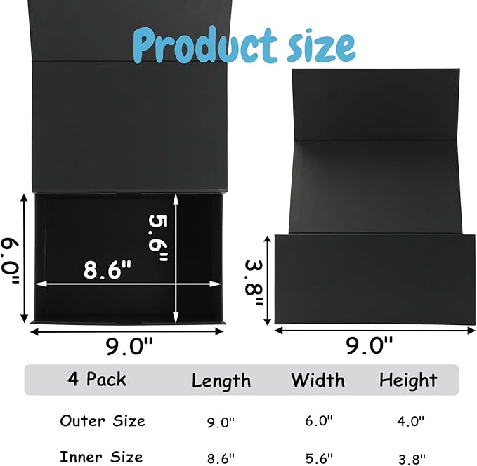 Schliersee 4Packs 9x6x4 Gift Box with Magnetic Lid for Present, Black Gifts Wrap Box for Birthday, Wedding, Groomsmen Bridesmaid