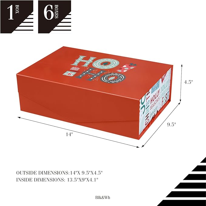 BLK&WH Christmas Gift Box 13.5x9x4.1 Inches, Red Large Collapsible Gift Box with Magnetic Lid (Red)