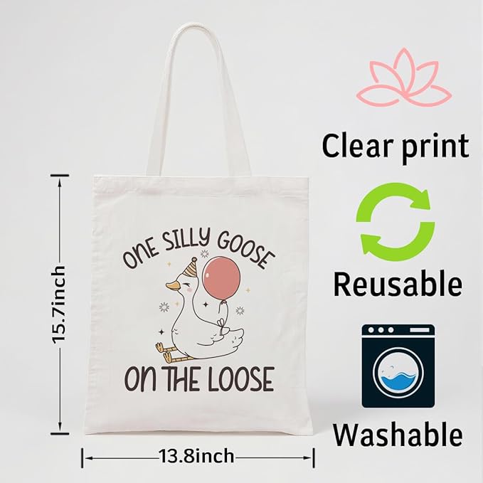 Funny Canvas Tote Bag for Women, One Silly Goose Reusable Shoulder Bags, Casual Canvas Totes to Work Traveling, Holiday Gift Bags for Wrap Storage, Christmas Gifts to Friends and Family