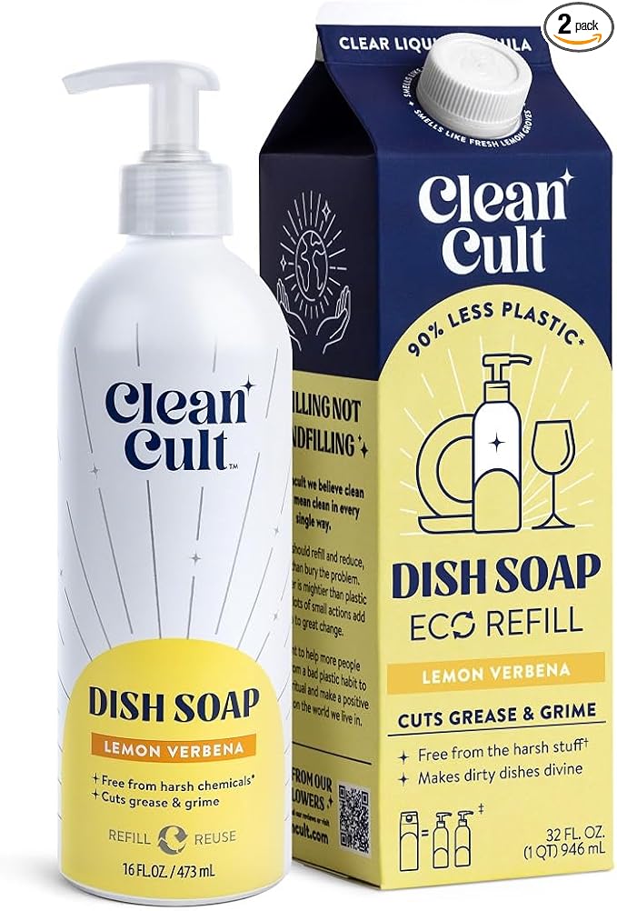 Bundle of Cleancult Dish Soap Liquid Refills (32oz, 1 Pack) - Lemon Verbena + Cleancult - Lemon Verbena - Liquid Dish Soap - Refillable Aluminum Bottle - 16 oz