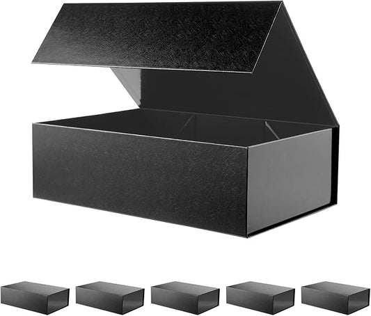 BLK&WH 6 Collapsible Groomsman Boxes, 13.5x9x4.1 Inches, Large Black Gift Boxes with Lids, Glossy Black with Grass Texture