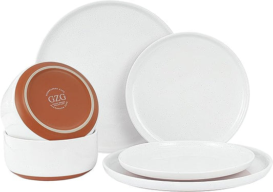 GZG Modern Art Series - 6 Pcs Speckled Stoneware Plates and Bowls Sets, Ceramic Dinnerware Set with Rustic Terracotta Underside, Microwave and Dishwasher Safe Handcrafted Dishes Set - Porcelain White