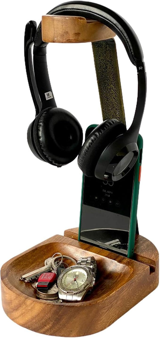 Acacia Wood Headphone & Phone Stand with Tray – Dual Device Holder Desk Organizer for Over-Ear Headphones & Mobile Phone, Gaming Setup, Workstation, Stylish Wooden Catchall