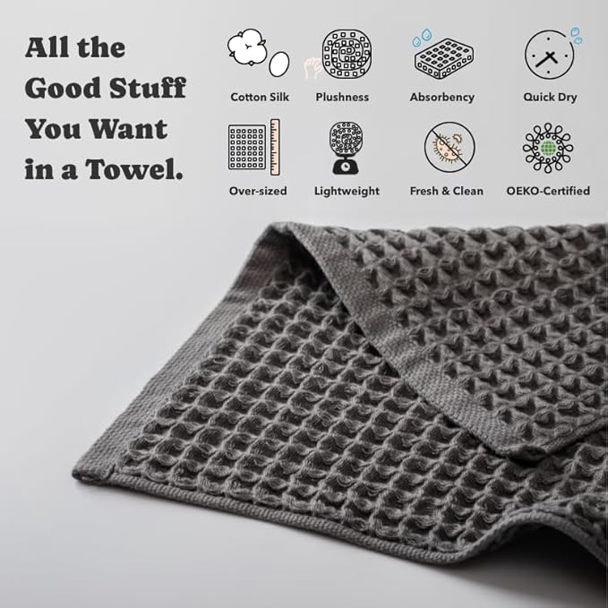 Luxury Japanese Cotton Waffle Bath Towel | Plush, Absorbent, and Quick Dry | Spa, Retreat, Onsen, Hotel Towel | Free Storage Bag Included (Smoke Grey, Bath Sheet, 67" x 34")