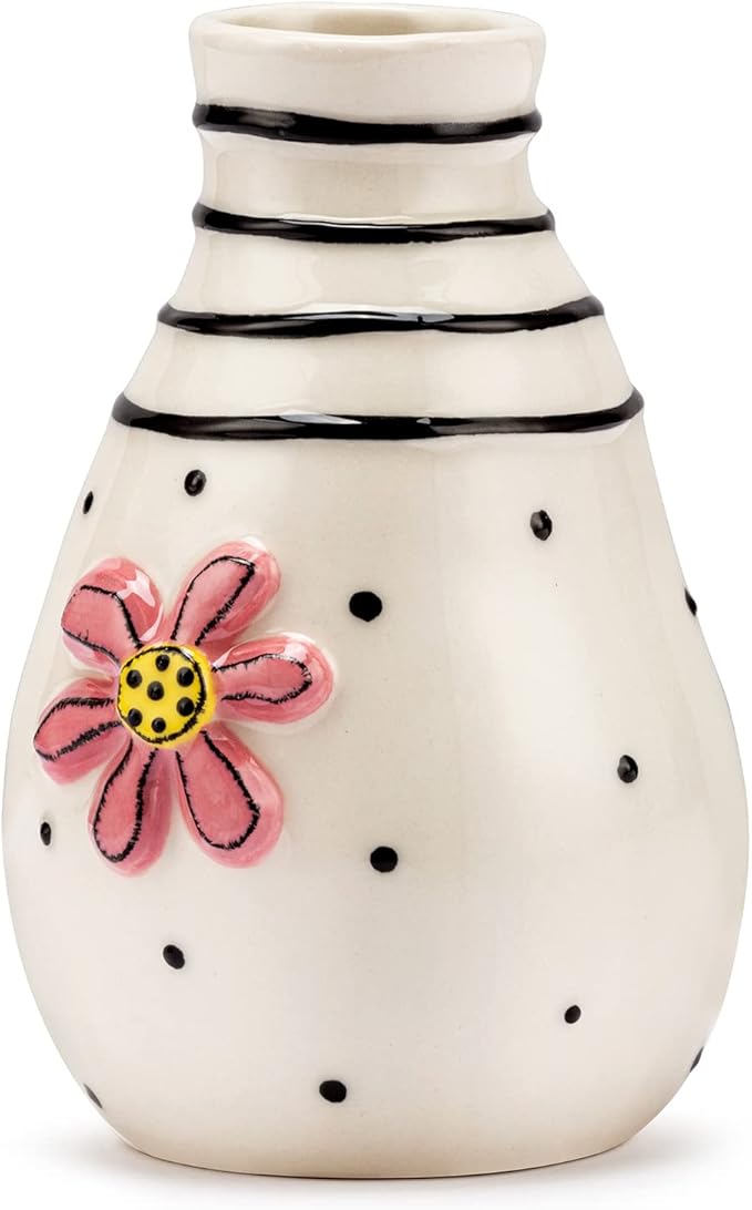 DEMDACO Pink Flower Black and White 3 x 5 Stoneware Mini Decorative Vase