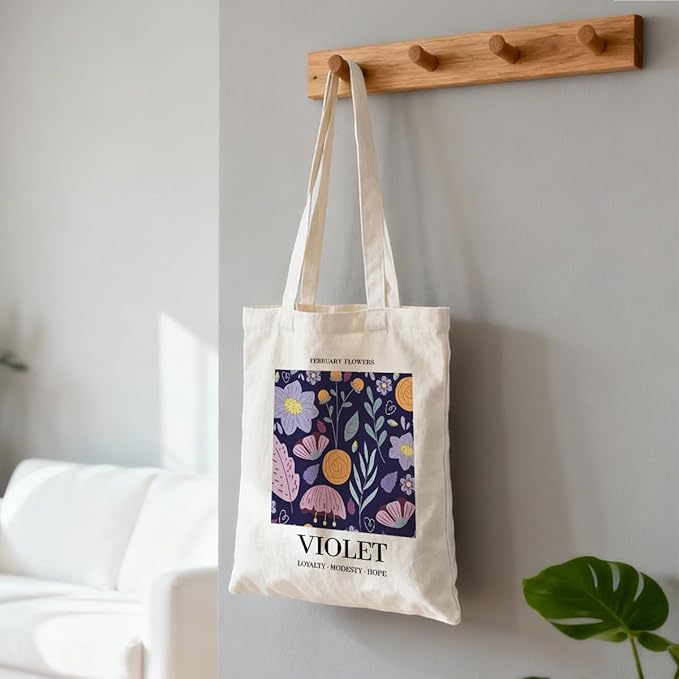 Flower Canvas Tote Bag, February Violets Reusable Shoulder Bags, Gifts to Friends and Family, Holiday Gift Bags for Wrap Storage, Casual Canvas Totes for Work Traveling