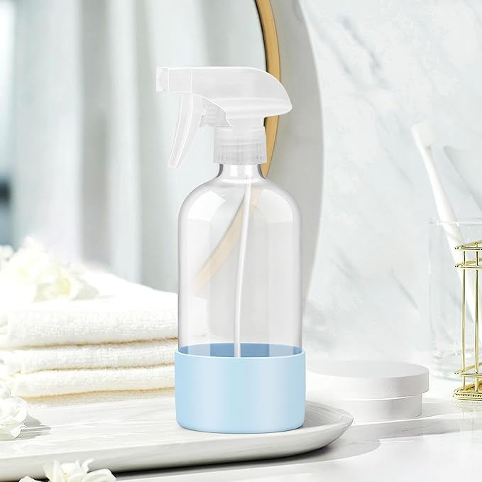Glass Spray Bottles with Silicone Sleeve Protection, Empty 16 oz Refillable Containers, Reusable Spray Bottles with Adjustable Nozzle for Hair, Cleaning Solutions, Essential Oils 1 Pack Blue