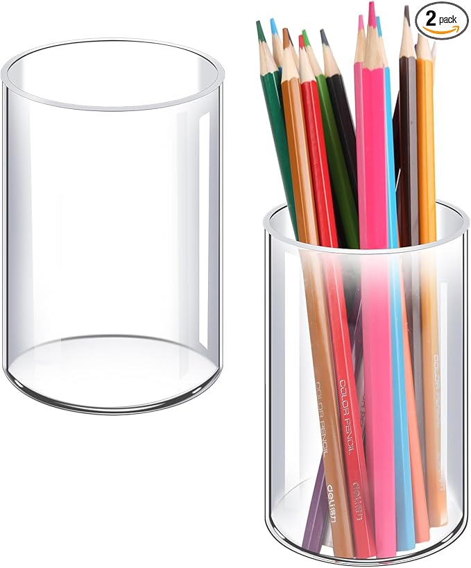 Acrylic Pen Holder 2 Pack, Acrylic makeup brush holder, Clear Pen Cup, Acrylic Cylinder Perfect for Desk organizer, Cylinder