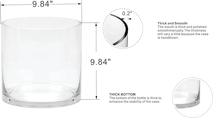 10" Wide 10" Tall Large Hand Blown Sturdy Clear Cylinder Glass Vase, Centerpiece Flower Vase for Rose, Tulip, Boquets, Hurricane Candle Holder (1, 10"x10")