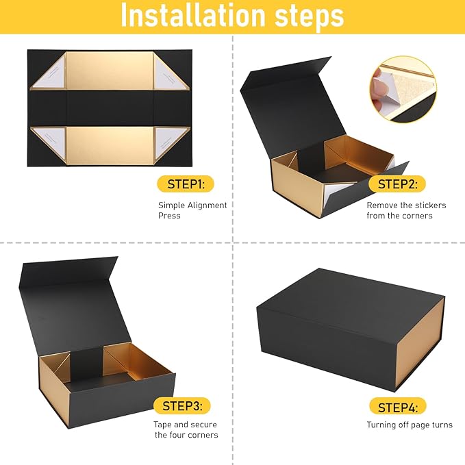 Ditwis 12x9x4 Inches Gift Box with Magnetic Closure Lid, Black-Gold Magnetic Box for Wedding, Groomsmen Bridesmaid Proposal, Birthdays, Mother's Day