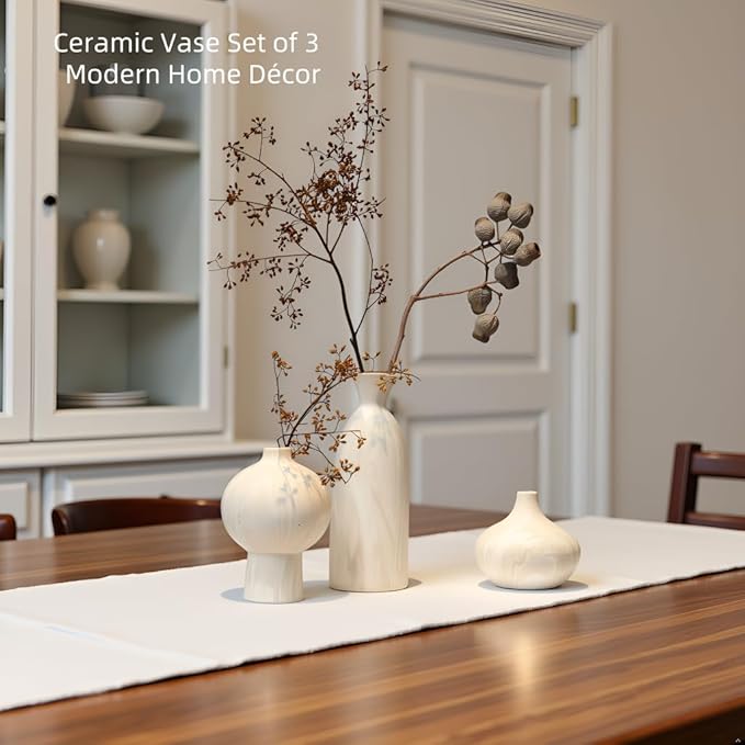 White Ceramic Vase Set of 3 with Stone Texture, Modern Minimalist Pottery Vases for Dried Flowers, Pampas Grass, Rustic Farmhouse & Aesthetic Home Decor for Living Room, Bedroom, Kitchen