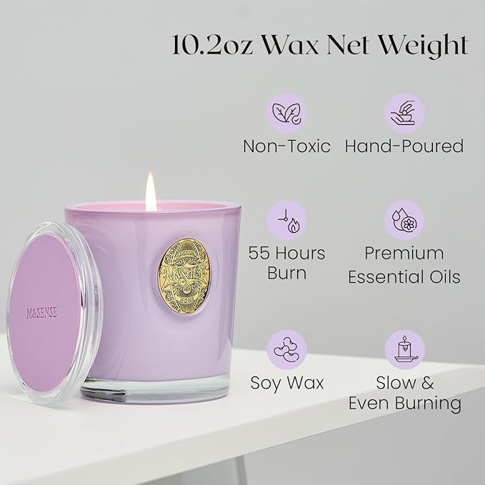 M&SENSE Natural Soy Candle| Lilac Blossom Purple | 10.2 oz, 55H Burn | Luxury Scented Candle for Relaxation, Gifting, Home Décor | for Bedroom, Office, Party