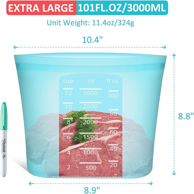 Reusable Food Storage Bags Extra Large, 0.8 Gallon/101 fl.oz/3000 ml, 4 Pack 100% Silicone Food Storage Bags Stand-Up Wide-Mouth Zip-Lock for Large Items, Freezer Microwave Oven Dishwasher Safe, Blue