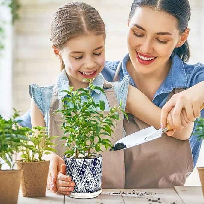 Blue Indoor Plant Pot Set, 5+6inch Ceramic Planter with Drainage Hole and Tray, Succulent Flower Orchid Greenery Planter, Round Plant Pots for Home Desktop Office Windowsill Decoration