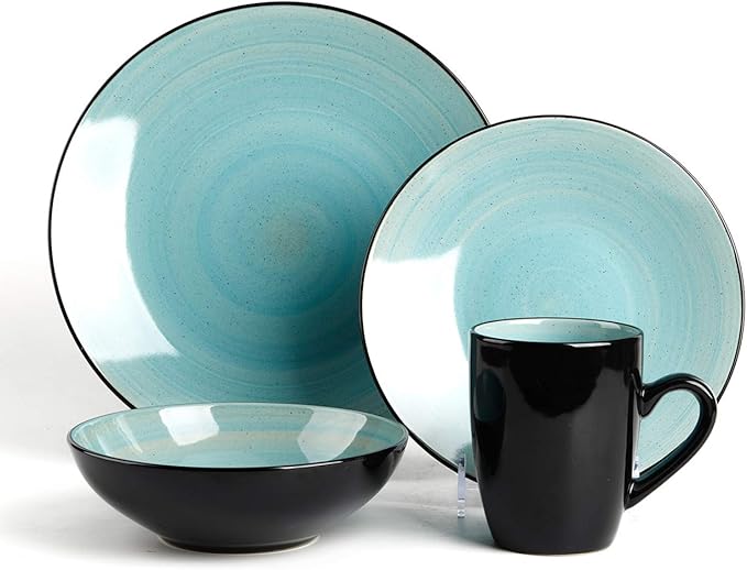 Sonoma 16 Piece Stoneware Dinner Set, Samoa, Outside Black + Inside Hand painted Combi Colors of Grey, Orange, Purple and Turquoise) with speckle