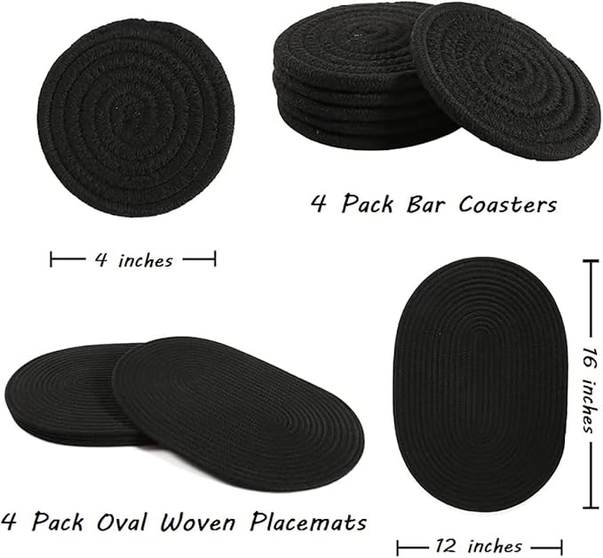 4 Pack Oval Woven Placemats and Set of 4 Round Fabric Coasters, Heat-Resistant Non-Slip Tablemats Woven Washable Charger Plates for Table Decoration (Black)