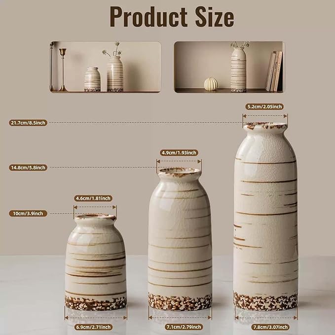 Ceramic Vase Set of 3,Small Vase for Flowers,Rustic Farmhouse Vase for Home Decor,Minimalist Vintage Flower Vases for Living Room,Table Shelf,Centerpieces,Fireplace and Entrance Decorations