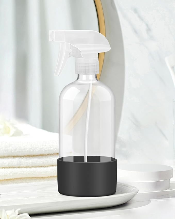 Glass Spray Bottles with Silicone Sleeve Protection, Empty 16OZ Reusable Spray Bottles, Refillable Containers with Spray Nozzles for Cleaning Solutions, Plants and Essential Oils 1 Pack Black