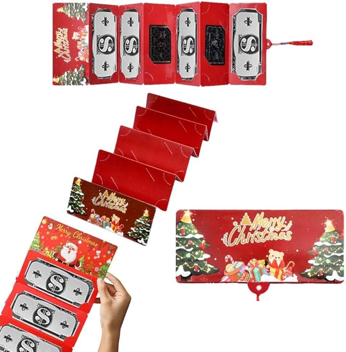 Christmas Cash Gift Envelopes, 2025 New Christmas Money Holders for Cash, Money Envelopes with 10 Slots, DIY Holiday Surprise Card Holder for Xmas Gift (Red1)